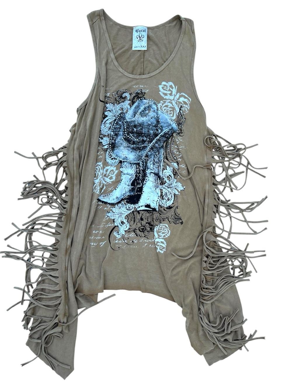 VOCAL Fringe Cowboy Boot Rhinestone Tank Top Womens LARGE